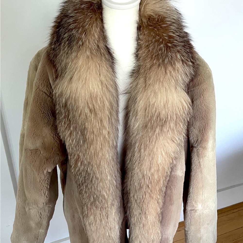 SOLD ;Ladies XL swing back sheared beaver with rare crystal fox trim.